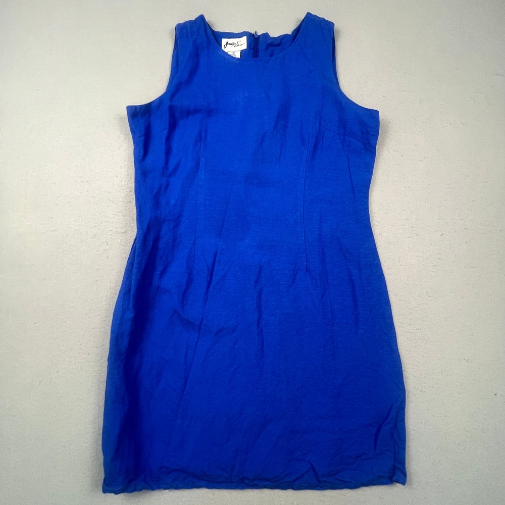 Jennifer Eden Sheath Dress Womens 12 Blue Ramie Rayon Sleeveless Shift Classic